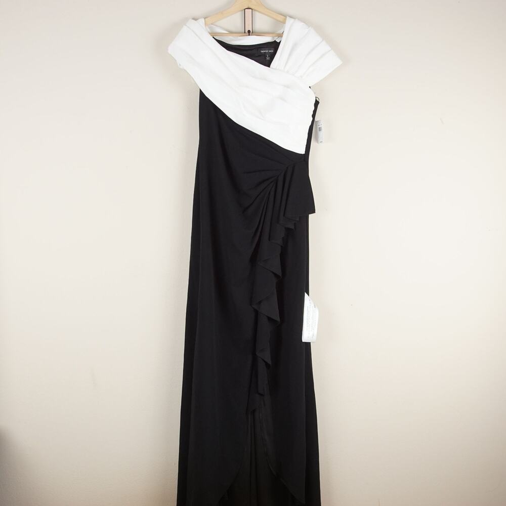NEW Tadashi Sochi Two Tone Asymmetric Black White Evening Gown Formal Dress Sz L